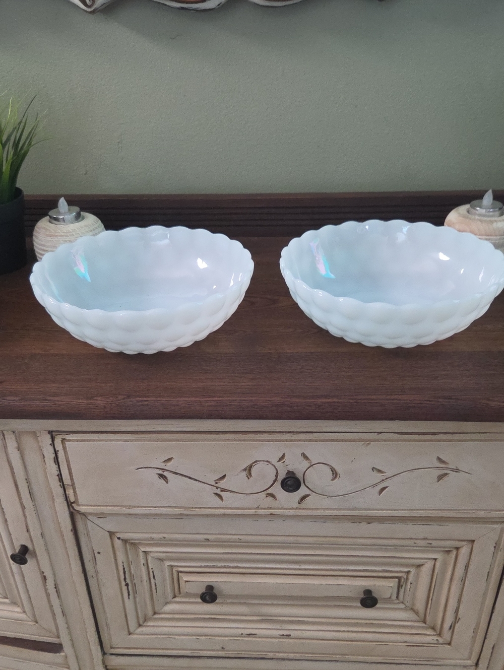 Vintage Anchor Hocking Milk Glass "Bubble" Boopie Pattern Serving Bowls (Pair)